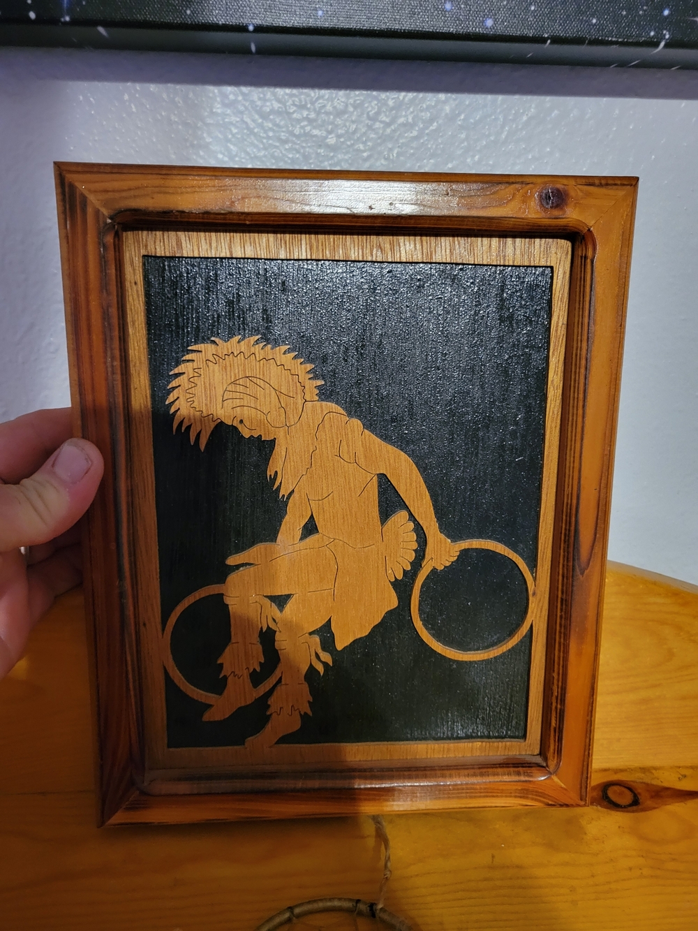 Wood Inlay Framed Native Hoop Dancer Wall Art - Black & Natural Wood